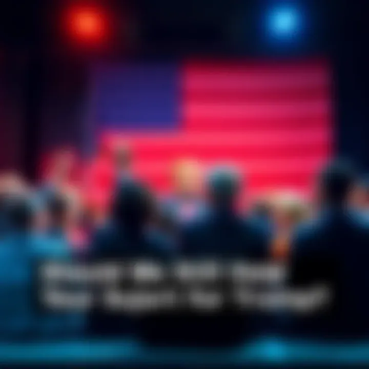 A group of people engaged in a heated discussion about President Trump, some showing support and others expressing opposition, set against a backdrop of the American flag.