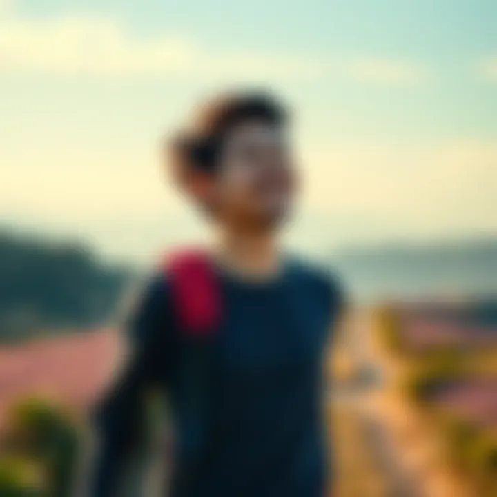 A person smiling while walking on a scenic path, symbolizing growth and optimism over 20 days.