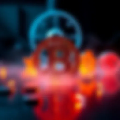 A digital representation of cryptocurrency symbols fading away due to lack of electricity, with dim lighting and a power symbol in the background.