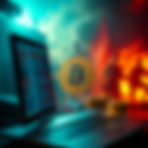 A computer screen displaying Bitcoin symbols with a background representing conflict, symbolizing a hacker group's attack on an Iranian exchange.