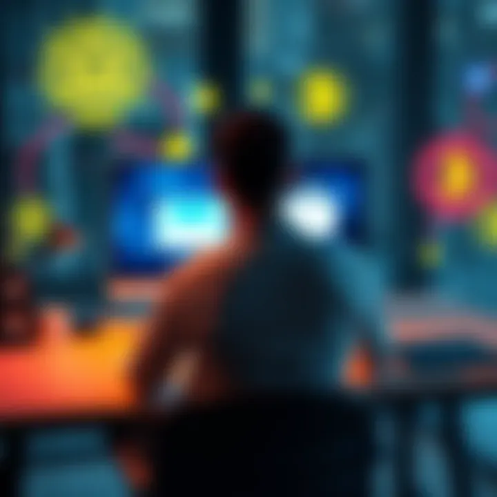 A person sitting at a desk using a laptop with a ProtonMail interface and cryptocurrency symbols in the background, representing online privacy and security.