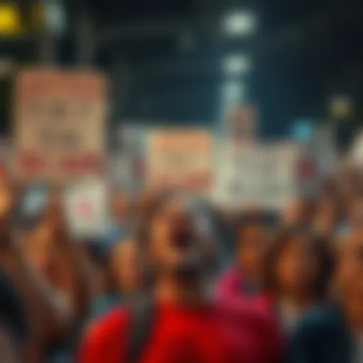 A crowd of frustrated people holding signs demanding justice for a long-term scam, showing their anger and concern.