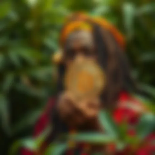 A Rastafarian man with dreadlocks, wearing traditional colors, holds a Bitcoin symbol amidst green plants, symbolizing the connection between culture and crypto.