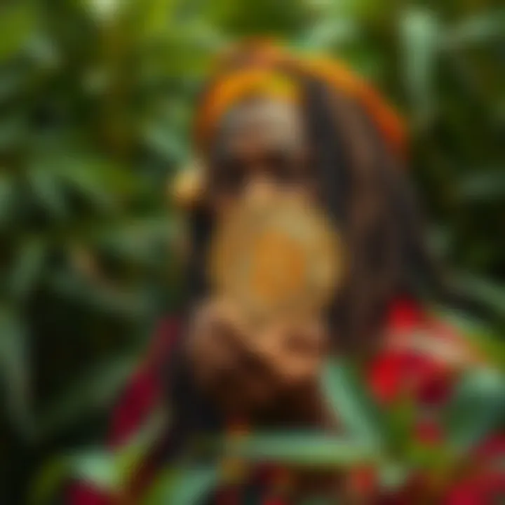 A Rastafarian man with dreadlocks, wearing traditional colors, holds a Bitcoin symbol amidst green plants, symbolizing the connection between culture and crypto.