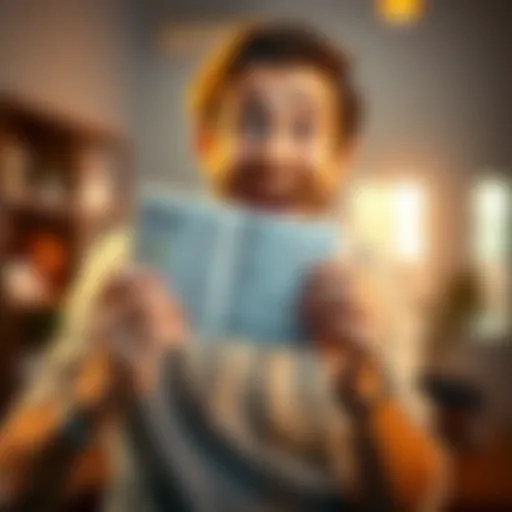 A person happily holding a ledger they found after several years, looking surprised and excited.