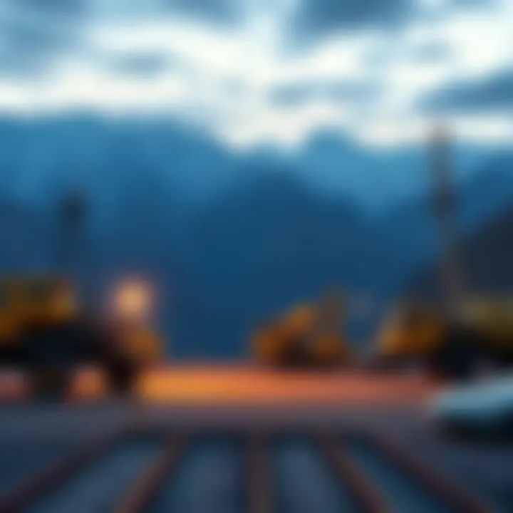 A mining operation with rigs set up in a cool, mountainous region with power lines showing access to electricity.