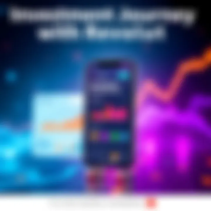 A modern graphic depicting a mobile app interface showcasing investment options and growth charts with a sleek design.