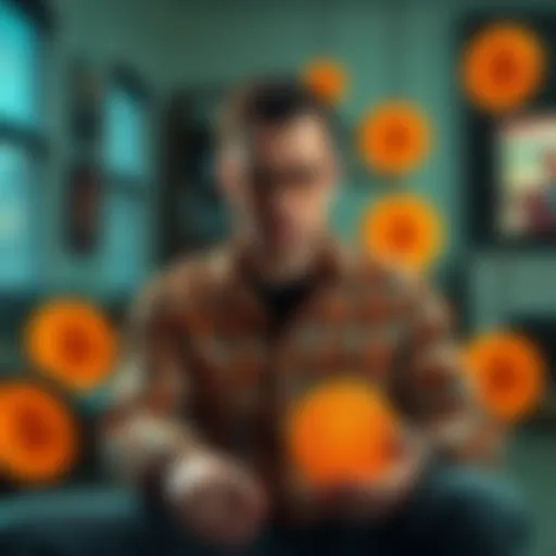 Roger Ver sitting in his home, surrounded by Bitcoin logos and news articles about his legal issues