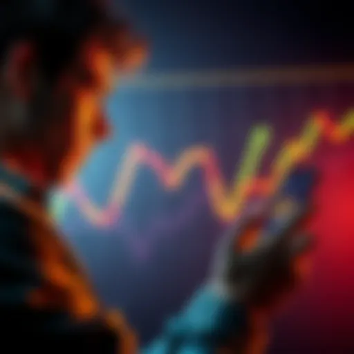 A person looks worried while checking their cryptocurrency investment on a smartphone, with a graph showing a sharp decline in value in the background.