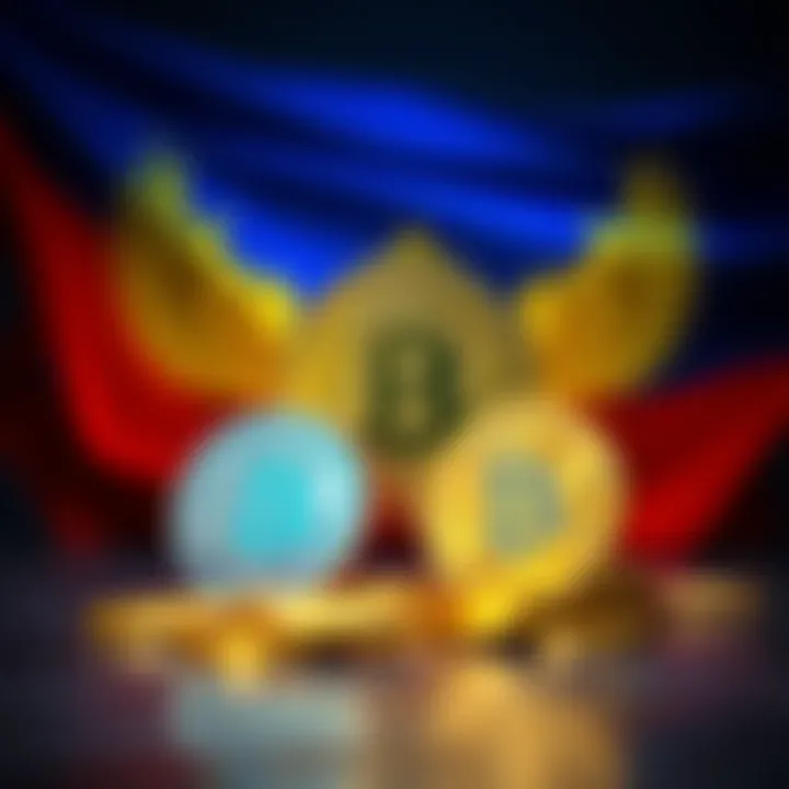 A graphic showing cryptocurrency symbols with the Russian flag in the background, representing legalized crypto payments for foreign trade.