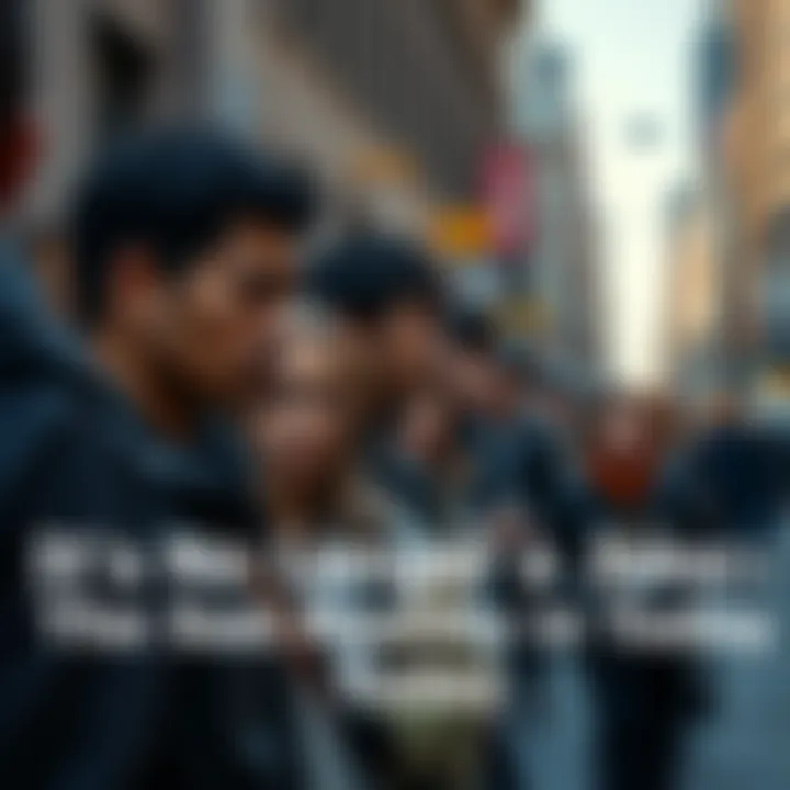 A group of people standing together with somber expressions in an urban setting, reflecting a serious mood