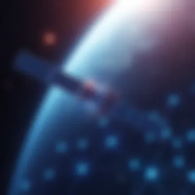 A satellite in orbit surrounded by digital blockchain nodes representing secure communication and smart contracts