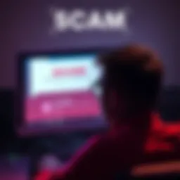 A worried person looking at their computer screen showing a scam website warning about entering a seed phrase.