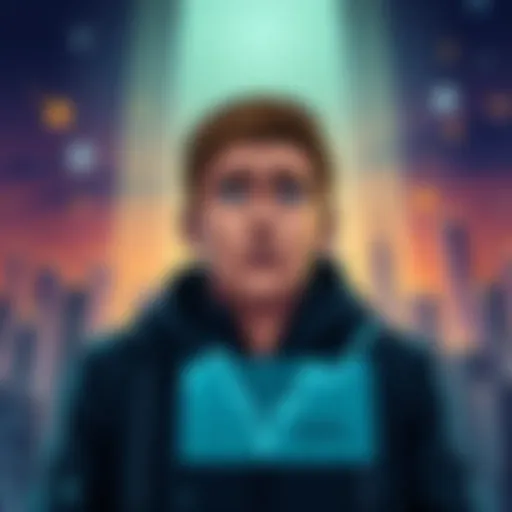 Illustration of a person looking concerned with a graphic of a downward trend in cryptocurrency values, representing the SEC's delay on Bitwise Ethereum ETF staking