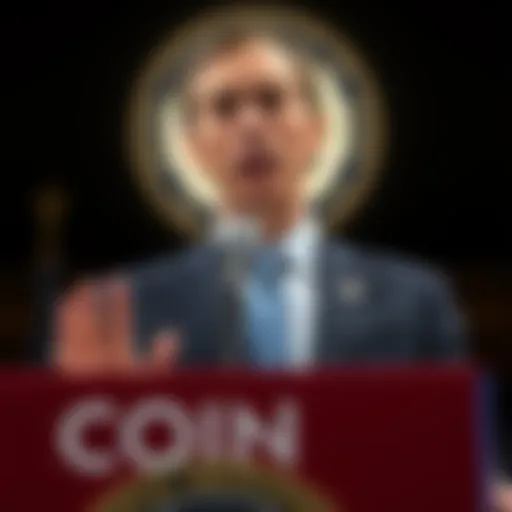 Senator Adam Schiff stands at a podium, discussing the COIN Act aimed at limiting cryptocurrency involvement in presidential activities.