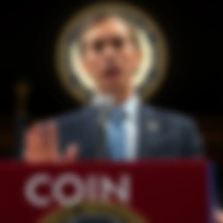 Senator Adam Schiff stands at a podium, discussing the COIN Act aimed at limiting cryptocurrency involvement in presidential activities.