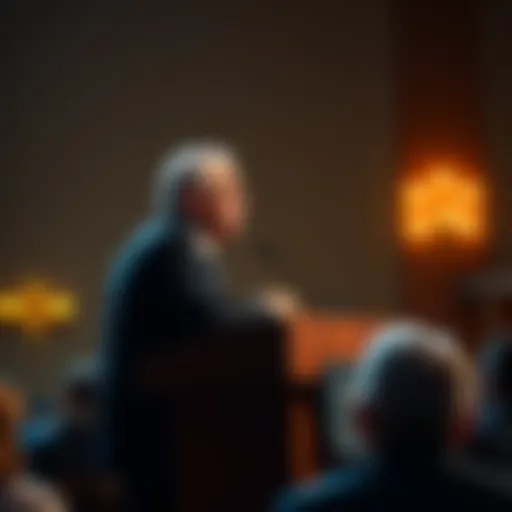 A Democratic senator at a podium discussing a bill regarding Donald Trump's cryptocurrency connections, with people in the audience listening attentively.