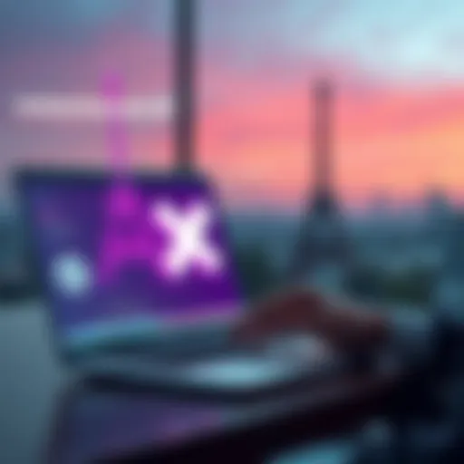 A person using a laptop to send money via XRP to Paris, with a graphic of the Eiffel Tower and currency symbols in the background.