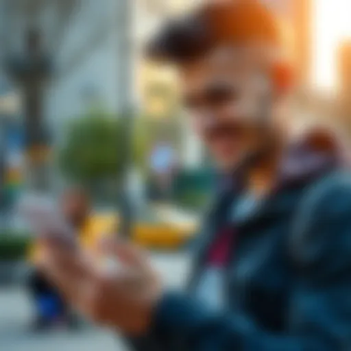 A person using a smartphone to make a cryptocurrency transaction outdoors, smiling and feeling confident about using digital finance.