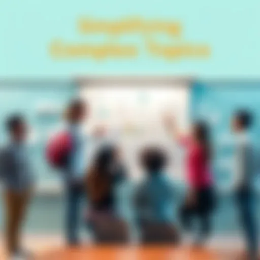 A group of diverse people discussing and explaining ideas on a whiteboard, making complex subjects easy to understand.