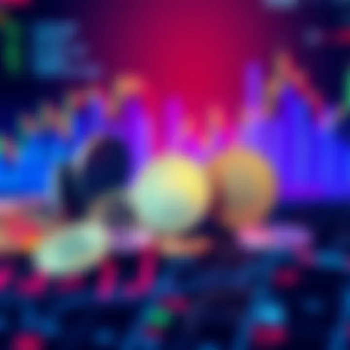 A graphic showing various stablecoins with a backdrop of financial charts and blockchain symbols.