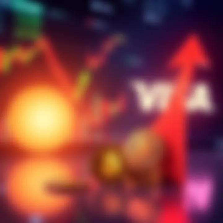 Illustration showing an upward arrow next to symbols of stablecoins, indicating growth in transaction volume, with a backdrop of financial charts and Visa logo in the distance.