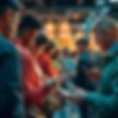 A group of diverse people engaging in digital money transfers using stablecoins on their smartphones, showcasing affordability and speed in transactions.