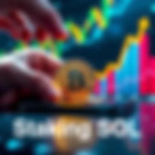 A close-up of a hand placing a coin into a digital wallet representing Solana staking, with a graph showing upward trends in the background.