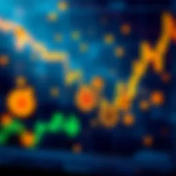 A downward trend line on a stock market graph with Bitcoin icons scattered around