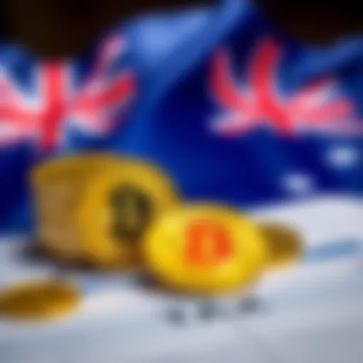 A visual representation of cryptocurrency coins and tax documents with an Australian flag in the background
