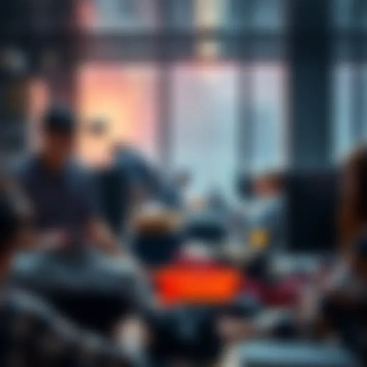 Team Wrapping Up for the Day A group of coworkers cleaning up their desks and gathering their belongings at the end of a workday.