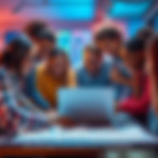 A diverse group of tech enthusiasts brainstorming over a laptop and sketches, showcasing creativity and innovation in technology.