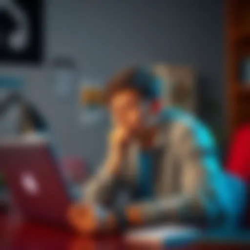 A teenager sitting at a desk with a laptop and phone, looking at cryptocurrency information with a thoughtful expression.
