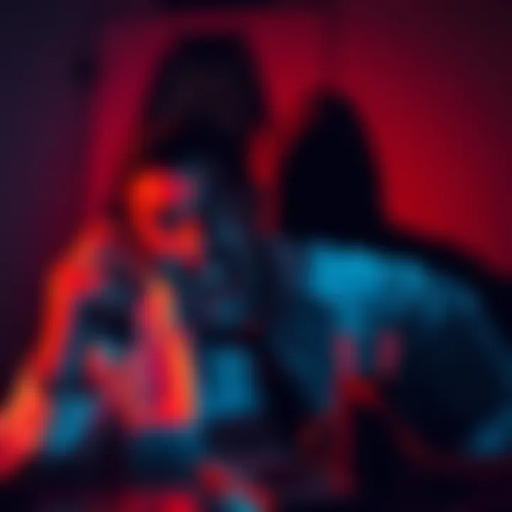 A man looks alarmed while talking on the phone, with a dark shadowy figure looming in the background, representing a threat.