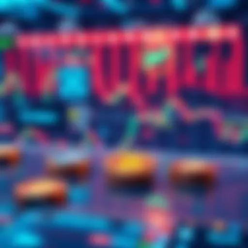 A digital representation of stock trading with blockchain symbols and stock charts, showing platforms like Bybit, Kraken, and Robinhood in the background.