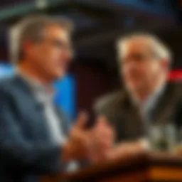 Tom Lee and Jamie Dimon Debate Tom Lee speaks confidently about cryptocurrency's performance while Jamie Dimon listens, looking skeptical, in a lively debate setting.