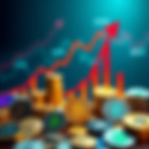 A variety of cryptocurrency coins displayed with upward trending graphs, symbolizing market growth in 2025.