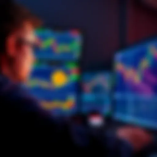 A trader looking at Bitcoin price charts on multiple screens with a focused expression, surrounded by graphs and digital data.