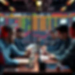 Traders Discussing Coping Lines A group of traders gathered around a table, discussing strategies and coping lines during market dips, showing mixed emotions.