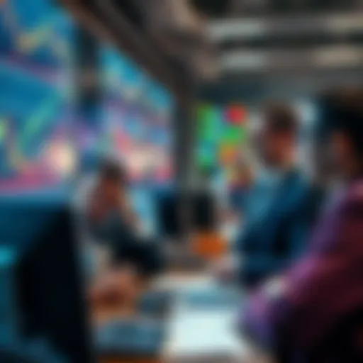 A group of traders in an office looking at stock market charts on computer screens, displaying signs of confusion and concern as they discuss market trends influenced by government policies.