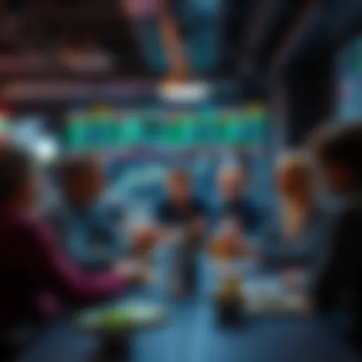A group of people engaging in a lively discussion about trading strategies and technical analysis in a community setting.