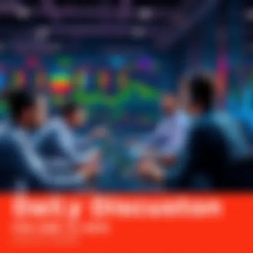 A group of people discussing trading ideas and strategies, with charts and laptops on a table.
