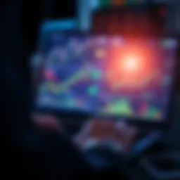 A person analyzing trading charts on a laptop with graphs and indicators on the screen