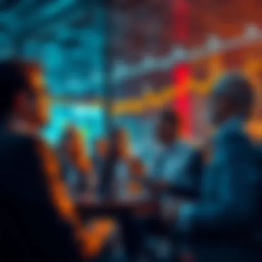 Group of people engaged in conversation about trading strategies and current events