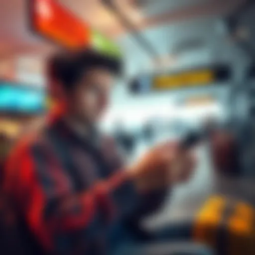 A traveler looking stressed while playing a mobile game with a phone in hand, surrounded by airport signs and luggage, showing signs of burnout after travel.
