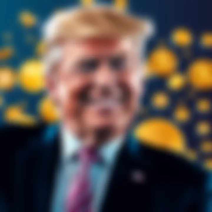 Former President Trump smiling with digital currency symbols in the background, indicating his investments in crypto.