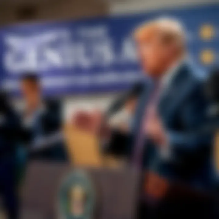 Former President Trump holding a press conference discussing the GENIUS Act that bans interest on stablecoins, with reporters present and a banner in the background.