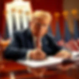 President Trump holding a pen while signing the GENIUS Act, with a backdrop of American flags.