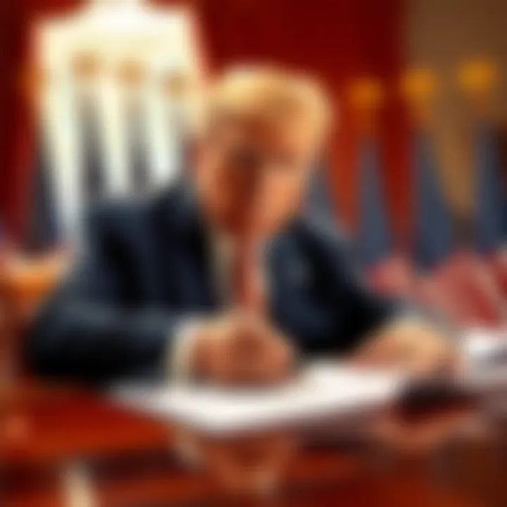 President Trump holding a pen while signing the GENIUS Act, with a backdrop of American flags.