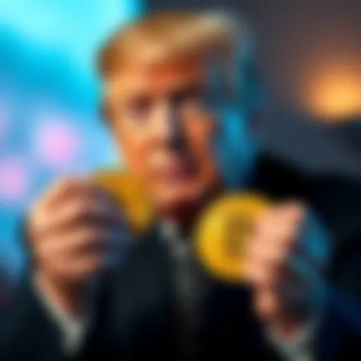 Donald Trump holding physical Bitcoin coins with a confident expression
